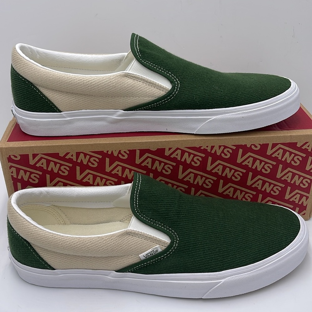 Vans Men’s Green and Cream Slip-On Sneakers 
Twill Turtledove/Green VN0A5JLXCOB - Picture 2 of 16